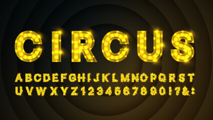 Retro Yellow and Golden Bulb Circus Alphabet – Glowing Marquee Font with Letters and Numbers | Vector Design