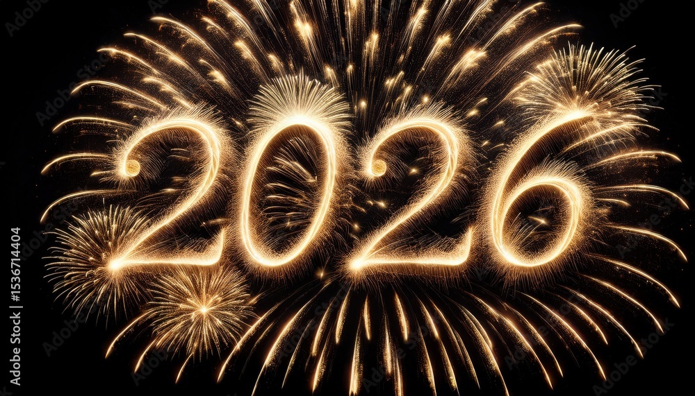 Poster golden 2026 happy new year fireworks celebration with sparkling text and glowing explosions on black
