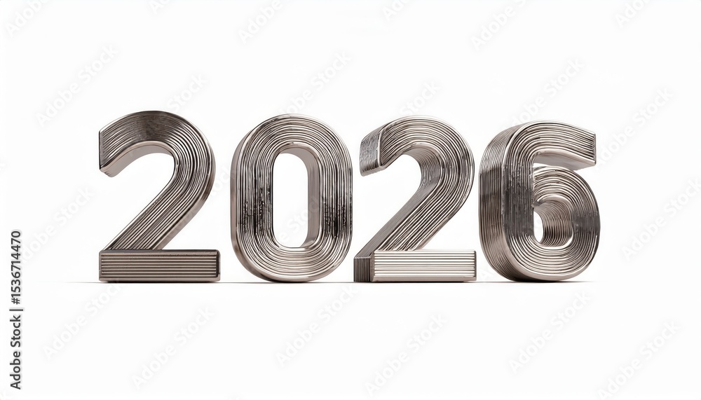 Poster metallic silver 2026 numbers in bold 3d style on white background for new year celebration or futuri
