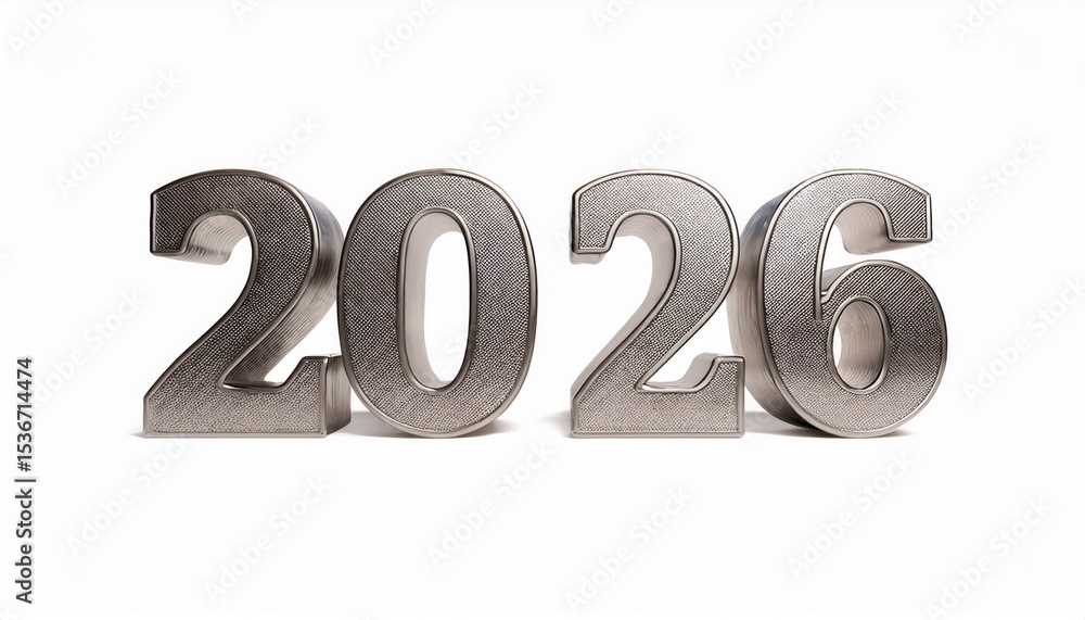 Poster metallic silver 2026 numbers in bold 3d style on white background for new year celebration or futuri