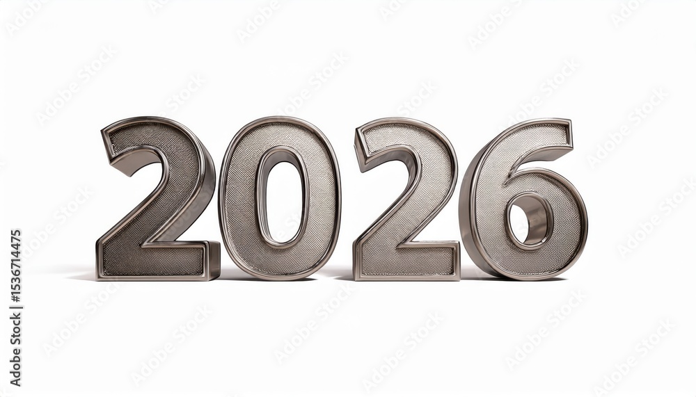 Poster metallic silver 2026 numbers in bold 3d style on white background for new year celebration or futuri