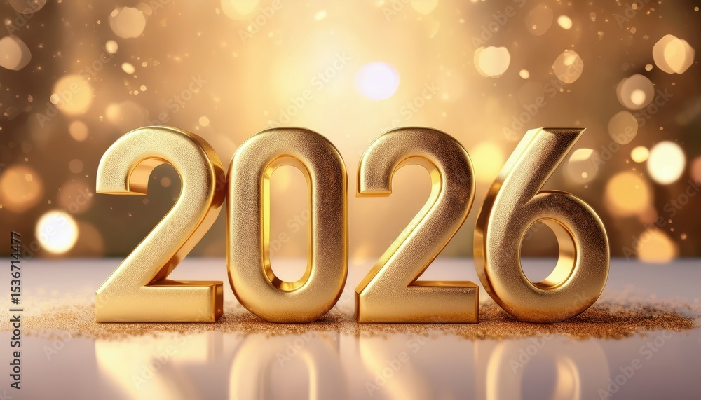 Poster golden 2026 new year celebration background with glowing metallic numbers and festive bokeh lights f