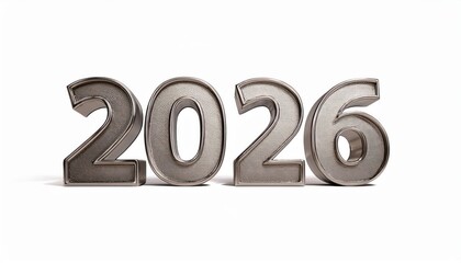 metallic silver 2026 numbers in bold 3d style on white background for new year celebration or futuristic countdown, ideal for web design, branding, or print layout

