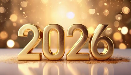 golden 2026 new year celebration background with glowing metallic numbers and festive bokeh lights for luxury web design, holiday print, or event branding

