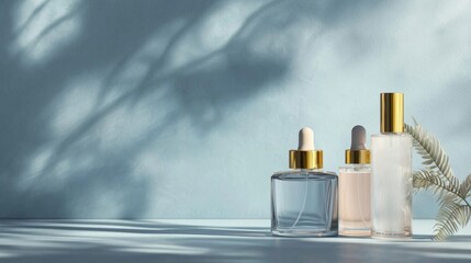 Glass perfume bottles with blue shadow for luxury beauty product skincare fashion cosmetic scene