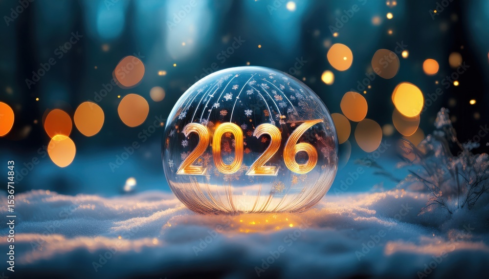 Poster glowing 2026 new year glass orb on snowy forest ground with warm bokeh lights for festive greeting c