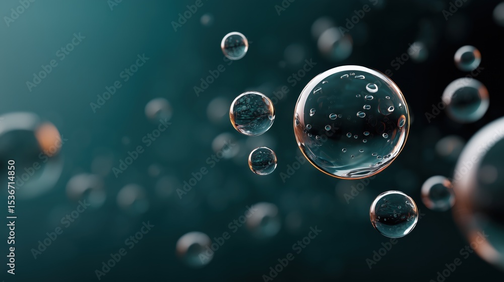 Poster floating transparent bubbles with intricate textures on a dark teal background