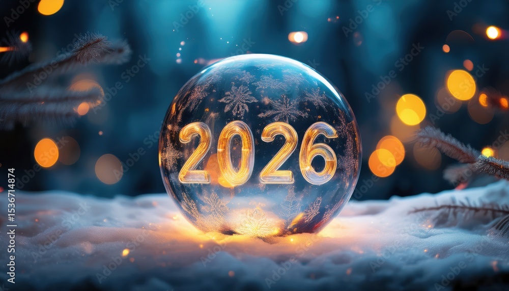 Poster glowing 2026 new year glass orb on snowy forest ground with warm bokeh lights for festive greeting c