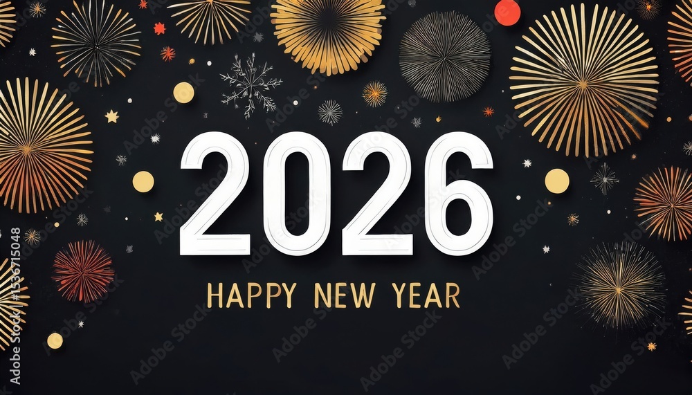 Poster bold 2026 happy new year greeting with festive fireworks on black background for elegant web design,