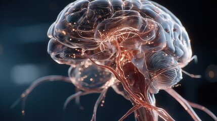 Transparent human brain illustration with neural connections in glowing highlights