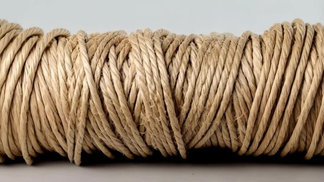 Closeup of twisted brown jute rope, rustic texture for arts, crafts and material, organic rope for wrapping, packing, natural texture, cord.