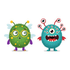 Cute furry little monster flat design vector illustrations