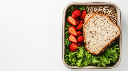 Healthy Lunchbox with Sandwich, Strawberries, and Salad Greens
