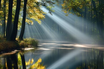 Fototapeta premium Serene forest river illuminated by dramatic sun rays filtering through autumn trees in early morning mist