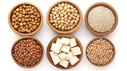 Fototapeta premium Various Healthy Legumes and Protein-Rich Foods in Wooden Bowls