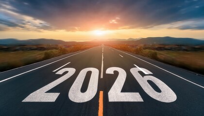 long straight highway with bold 2026 text leading to dramatic sunrise horizon, symbolizing future journey and vision, ideal for goal setting design or branding concept
