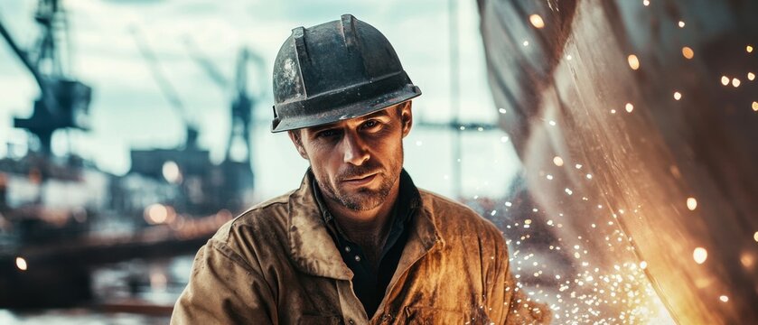 A close-up of a shipyard welder in a protective helmet and gloves, looking directly at the camera while sparks fly around him, with the massive hull of a ship under construction in the background