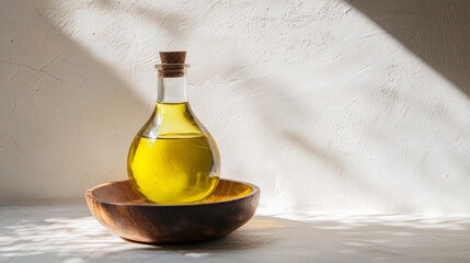 Glass bottle with olive oil and shadow for natural kitchen healthy food Mediterranean cooking scene