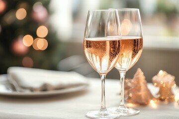 Elegant holiday celebration with two glasses of sparkling rosé on a festive table with soft golden lights and Christmas decor
