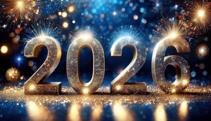 sparkling golden 2026 new year celebration with vibrant fireworks on dark blue glitter background for holiday greeting, print media, banner, or web design

