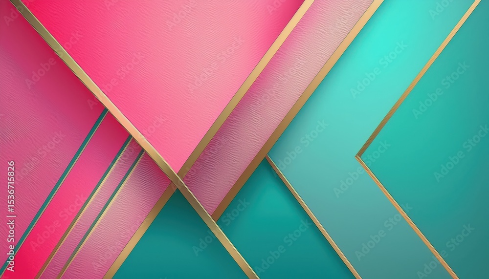 Poster luxury abstract geometric background with layered pink and teal shapes, golden metallic edges, and e