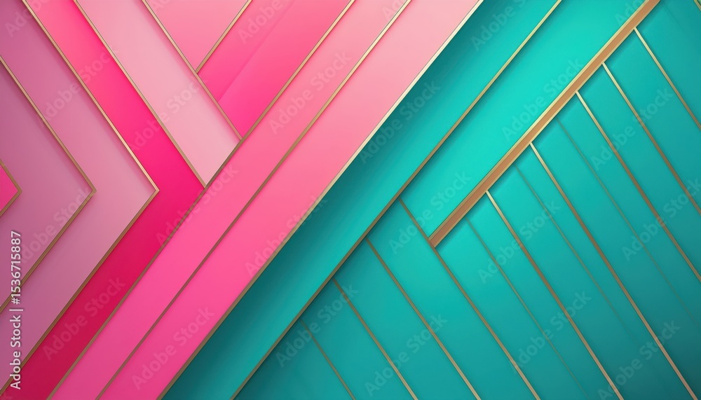 Poster luxury abstract geometric background with layered pink and teal shapes, golden metallic edges, and e