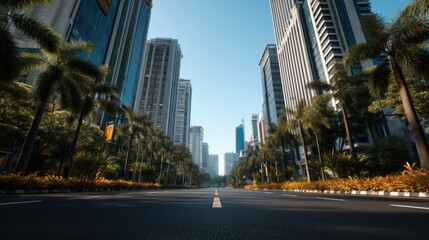 Wide street flanked by tall modern buildings and lush palm trees