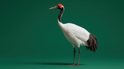 Fototapeta premium Full-body profile of a red-crowned crane on green background