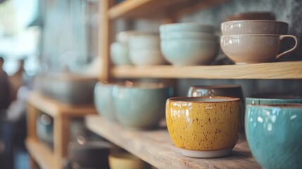 Ceramic bowls stacked on shelves for kitchen pottery rustic homeware handmade clay collection storage cozy scene