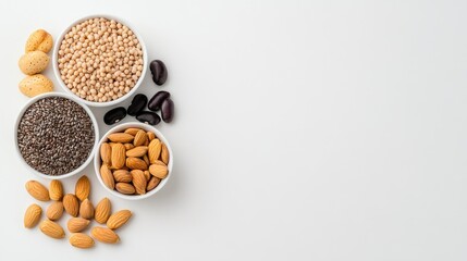 Assorted Nuts and Seeds in Bowls on White Background