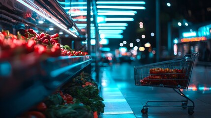 Fototapeta premium Supermarket night aisle with shopping cart for grocery retail commerce lifestyle neon urban food city modern scene
