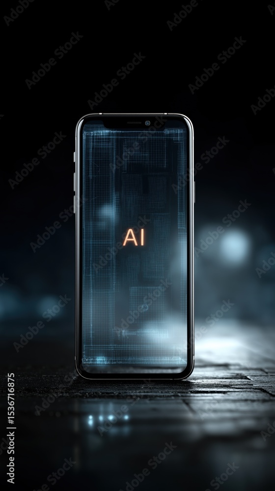 Poster futuristic smartphone displaying ai with glowing digital design on a dark background