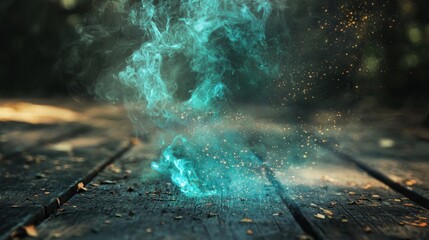 Blue smoke on wood floor for dramatic mystical abstract scene surreal fantasy moody fog texture creative