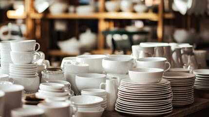 Stacked white dishes and cups in restaurant for kitchenware service dining tableware cleanliness hospitality concept