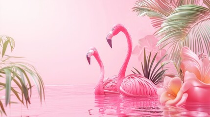 Obraz premium Pink flamingos in tropical lagoon water with palm leaves for exotic summer vacation wildlife paradise scene