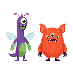 Cute funny fly monster and three eyes monster flat design vector illustrations