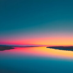 Serene twilight over a tranquil river reflecting vibrant hues of pink and blue, evoking peace