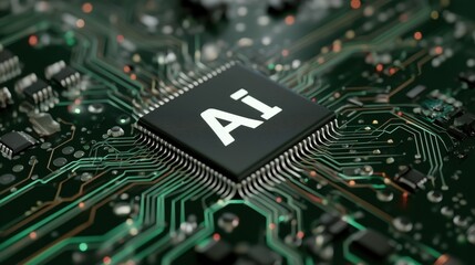 Obraz premium Printed circuit board with AI chip and intricate circuitry connections
