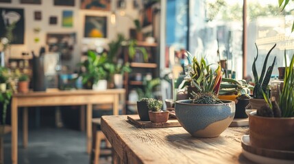 Cozy indoor plant shop with potted succulent greenery on wooden table capturing botanical interior ambiance