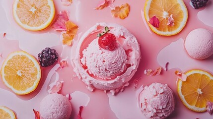 Pink ice cream scoops surrounded by citrus fruits strawberries blackberries creating delicious flatlay dessert composition