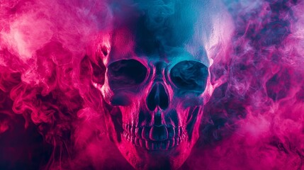 Eerie skull silhouette formed by swirling pink and blue smoke creating dark abstract macabre artistic