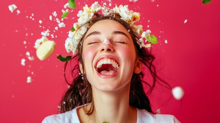 Joyful woman wearing floral crown laughing with confetti against red background capturing celebratory candid moment