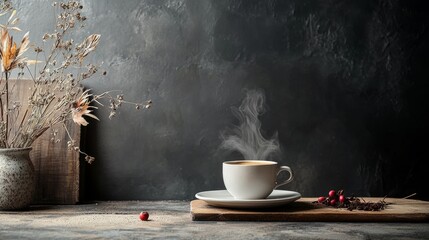 Rustic coffee cup on wooden table with flowers and chalkboard background creating cozy vintage ambiance