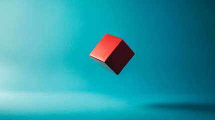 Simple red cube floating against turquoise gradient background showcasing minimal geometric abstract design modern clean