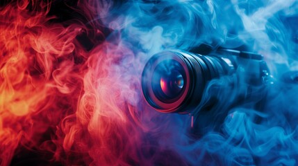 Camera lens surrounded by swirling red and blue smoke capturing abstract photography equipment concept creative