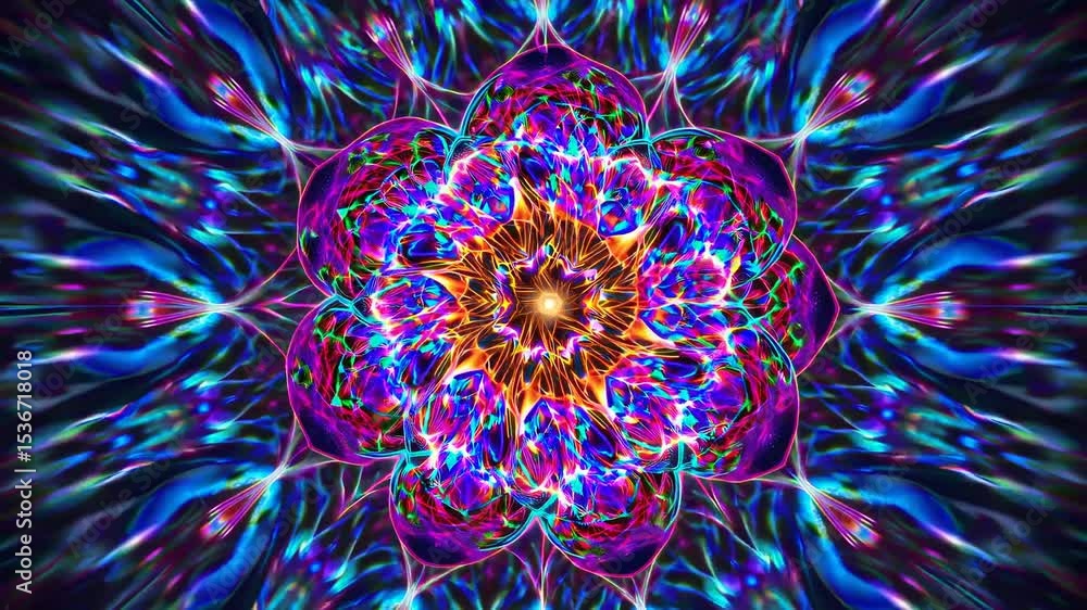 Poster colorful abstract art featuring a central mandala bursting with vibrant neon colors and intricate ka