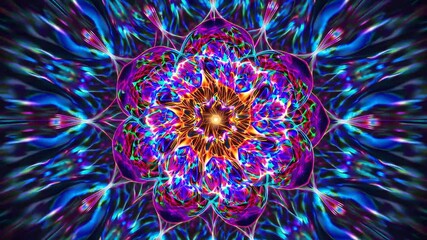 Colorful abstract art featuring a central mandala bursting with vibrant neon colors and intricate kaleidoscopic patterns, creating a mesmerizing psychedelic experience - Powered by Adobe