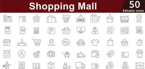 Shopping Mall Retail Icon Set - 50 Editable E-commerce Store Icons for Online Shopping, Payment, Delivery and Customer Service Vector Pack