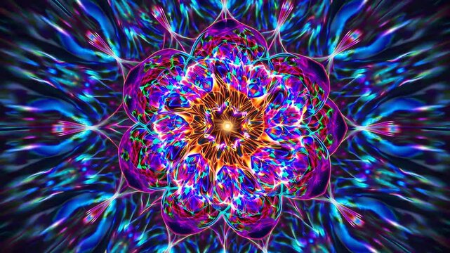 Colorful abstract art featuring a central mandala bursting with vibrant neon colors and intricate kaleidoscopic patterns, creating a mesmerizing psychedelic experience - Powered by Adobe