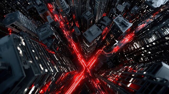 Urban nighttime aerial view with dramatic red lights illuminating city streets - Powered by Adobe